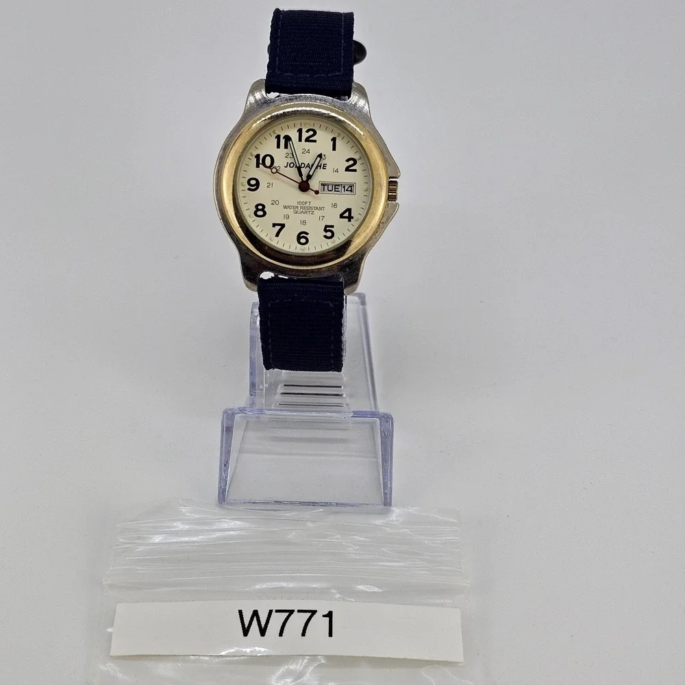 VTG Jordache Unisex‎ Watch 38MM Cream Dial DayDate NEW Blue Nylon Bands Battery